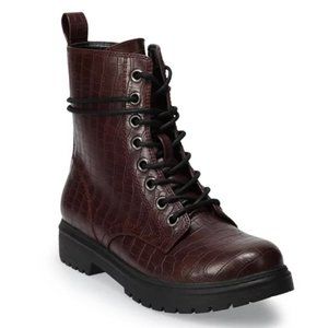 SO Bowfin Women's Combat Boots in Burgundy Croco Size 9 NWT